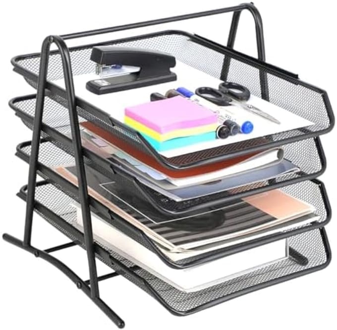 PromoHome 4-laags stapelbare documentenorganizer - Metaal rooster design - Zwart