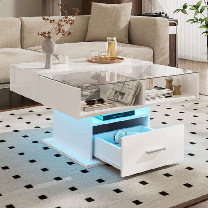 Multifunctionele Wit Hoogglans Salontafel – LED-Verlichting, Verstelbare Hoogte & Flexibele Opbergruimte – 78×78×45,5/59,5 cm