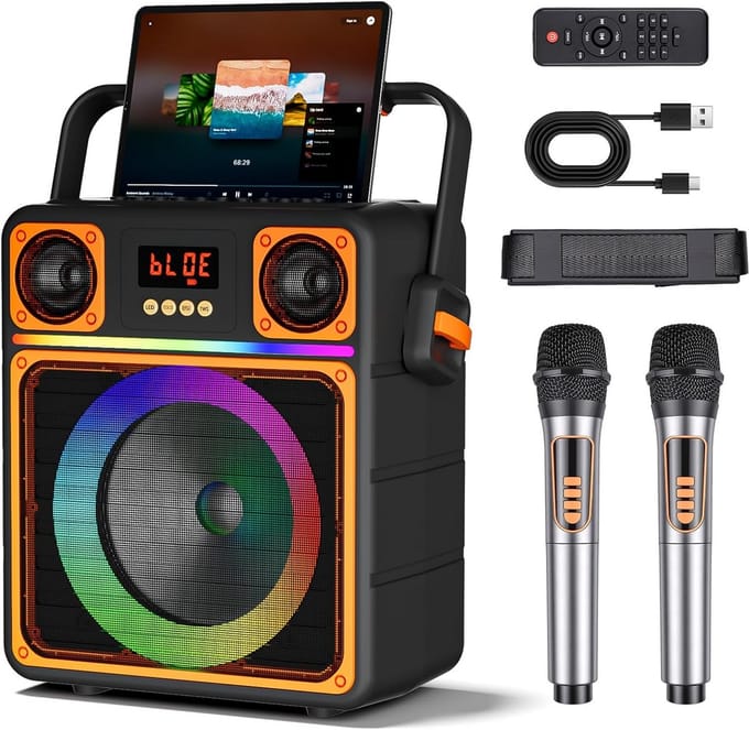 Draagbare karaoke-machine met Bluetooth, HD-stereo geluid en LED-verlichting - zwart