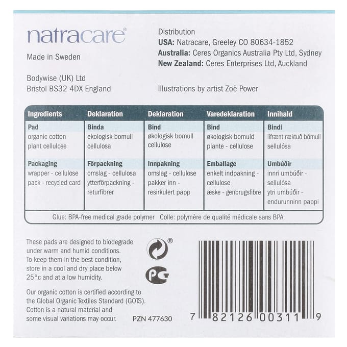 Natracare, serviette ultra, couverture en coton biologique, super plus, 12 paquets white
