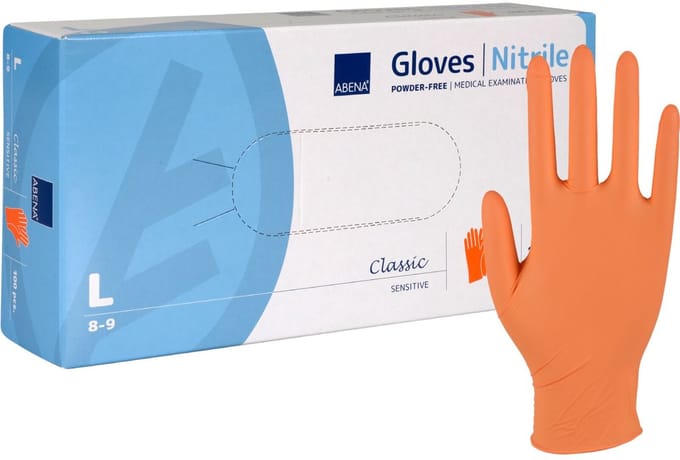 ABENA Classic Sensitive Nitril Handschoenen Oranje Poedervrij Maat L – 100 stuks