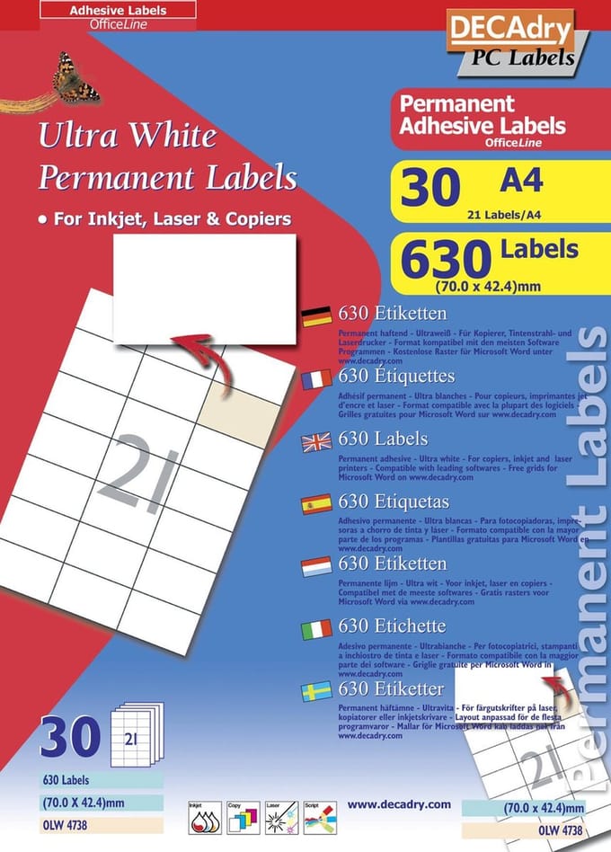 DECAdry Etiketten / Labels 70 x 42,4 mm