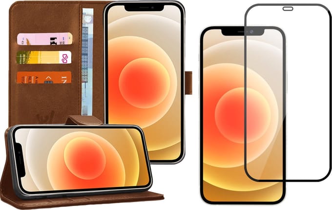 Hoesje geschikt voor iPhone 12 pro max - case bruin book cover Kunstleer wallet + Screen protector glas tempered glass screenprotector full screen