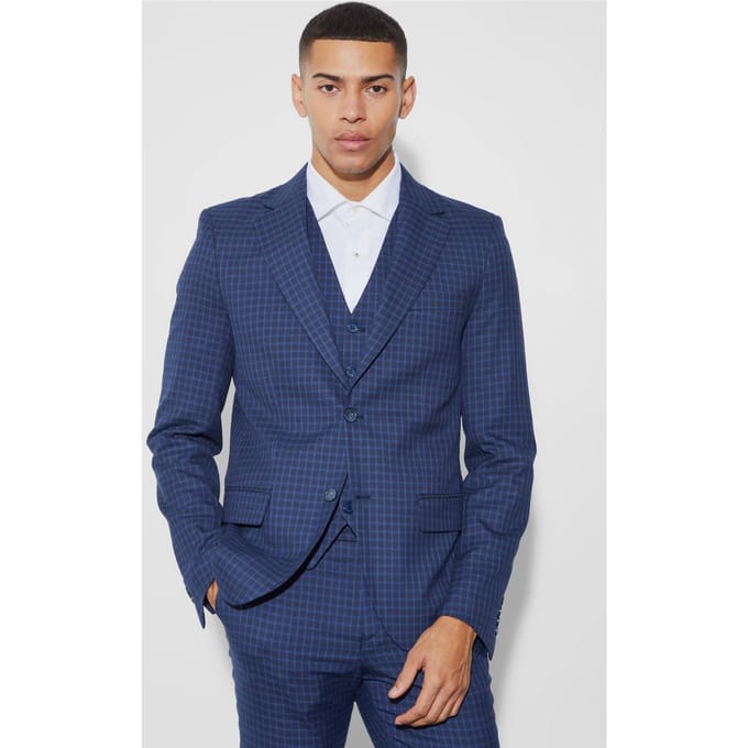 Single Breasted Slim Check Suit Jacket | Navy | Size 52