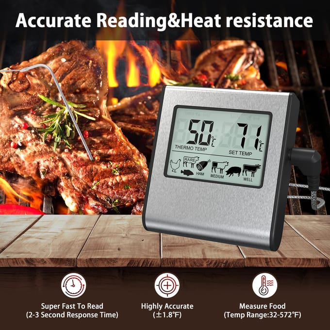 LCD Digitale Voedseltemperatuurmeter Koken Vleesthermometer met Temperatuursonde, Digitale Oven grijs