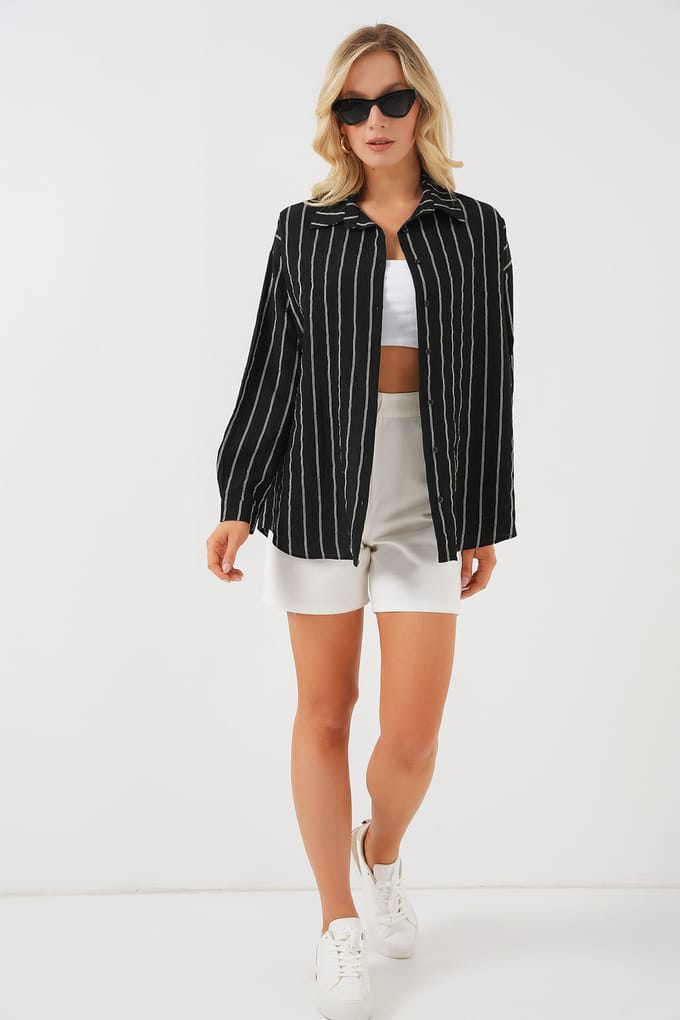 Gestreepte Oversized Blouse met Knopsluiting