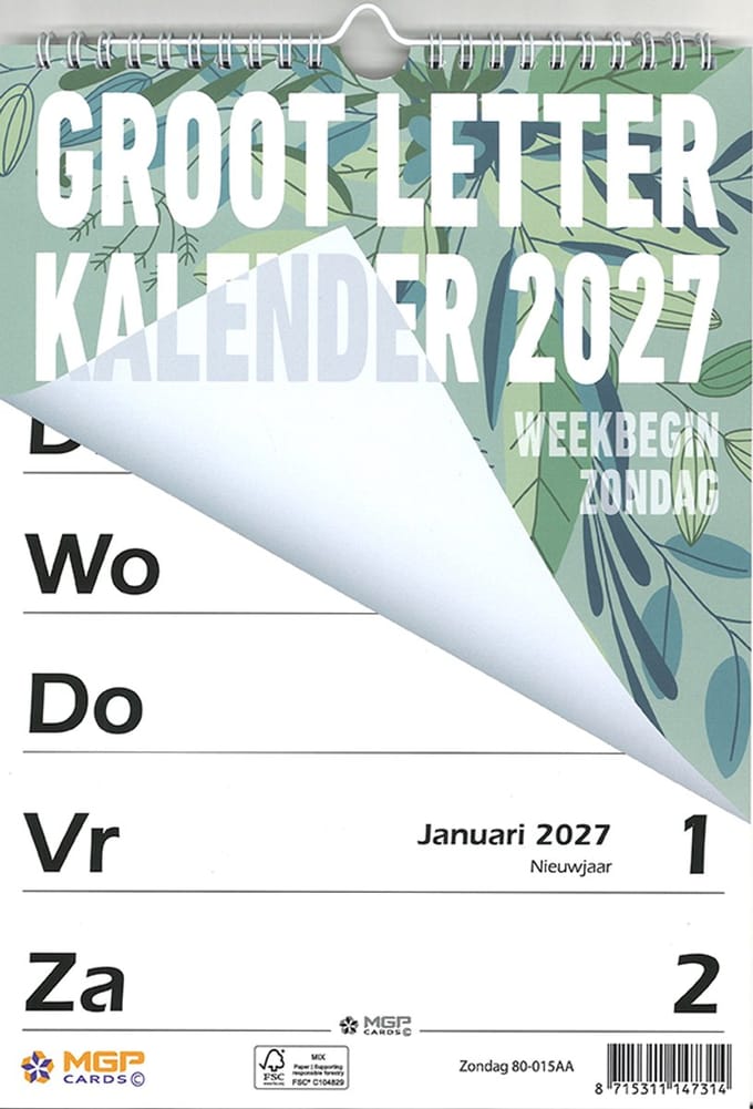 MGPcards - Grootletter kalender - 2027 - Week begint op zondag - 21 x 34 cm - Groen Bladeren