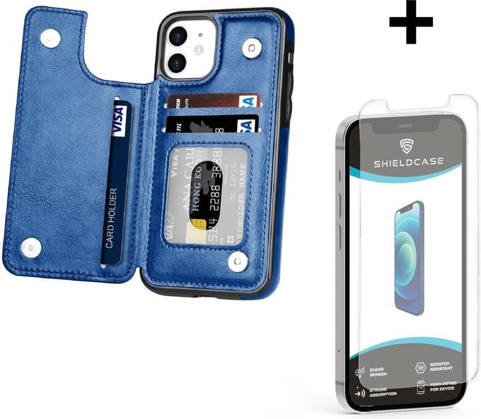 ShieldCase Wallet case geschikt voor Apple iPhone 12 / 12 Pro - 6.1 inch - ruimte voor pasjes - pasjeshouder - portemonnee - blauw + glazen Screen Protector