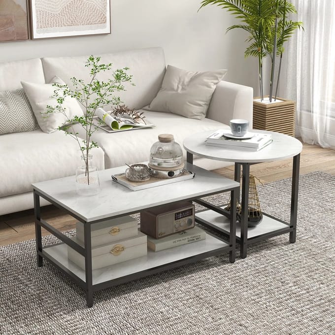 Sweiko Salontafel - Set van 2 - Marmerlook - Verstelbare poten - Staal - Wit