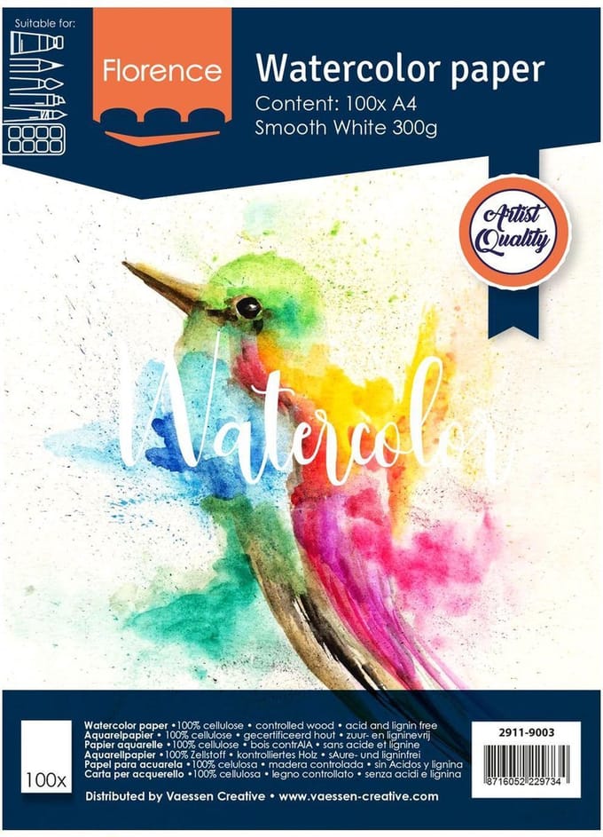 Aquarelpapier - Intense White - A4 - 300 grams - Gladde Structuur - Smooth - Florence - 100 vellen