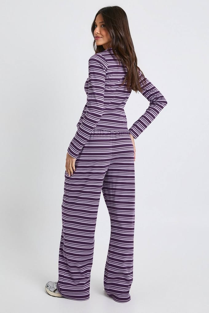 boohoo Dames Gestreepte ribbroek met trekkoord | Purple | Maat: 8