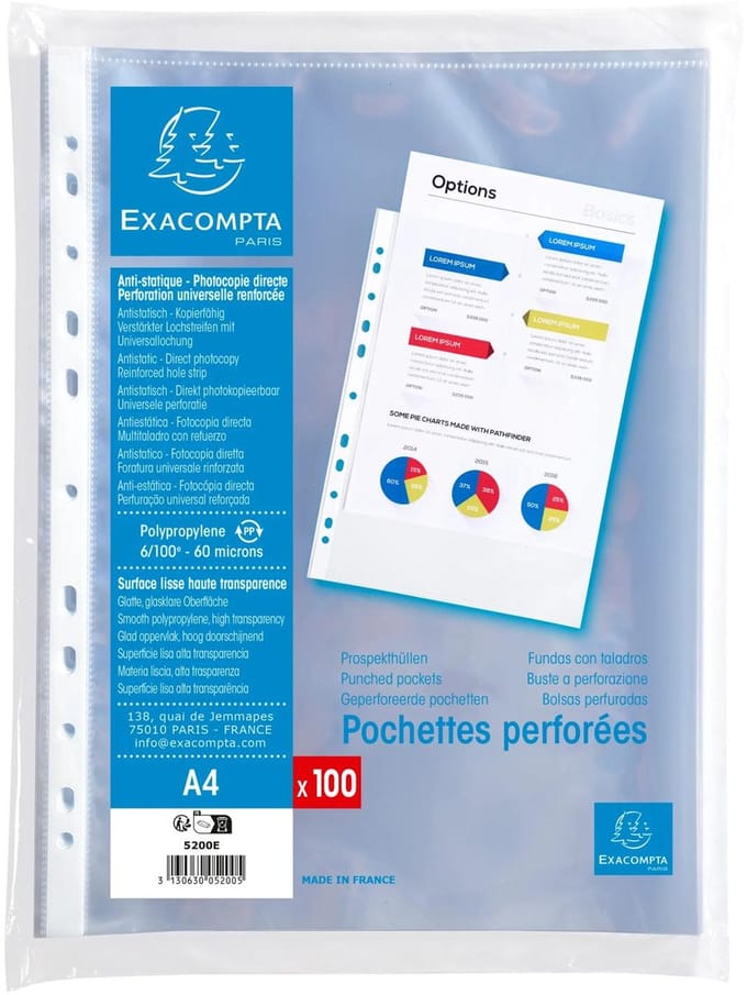 Exacompta 10x Pak van 100 geperforeerde showatassen - gladde PP 6/100ste - A4 - Transparant - 5200E