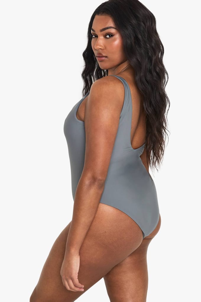 boohoo Dames Plus-size badpak met vierkante halslijn | Slate | Maat: 28