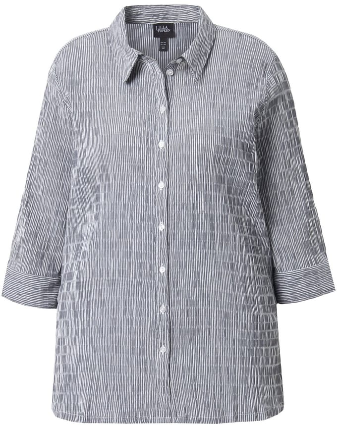 Ulla Popken - Dames - Overhemdblouse strepen bubble-structuur 3/4-mouwen - Zwart - Maat 62+