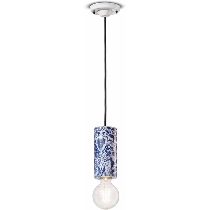 Ferroluce PI hanglamp, bloemenpatroon Ø 8 cm blauw/wit