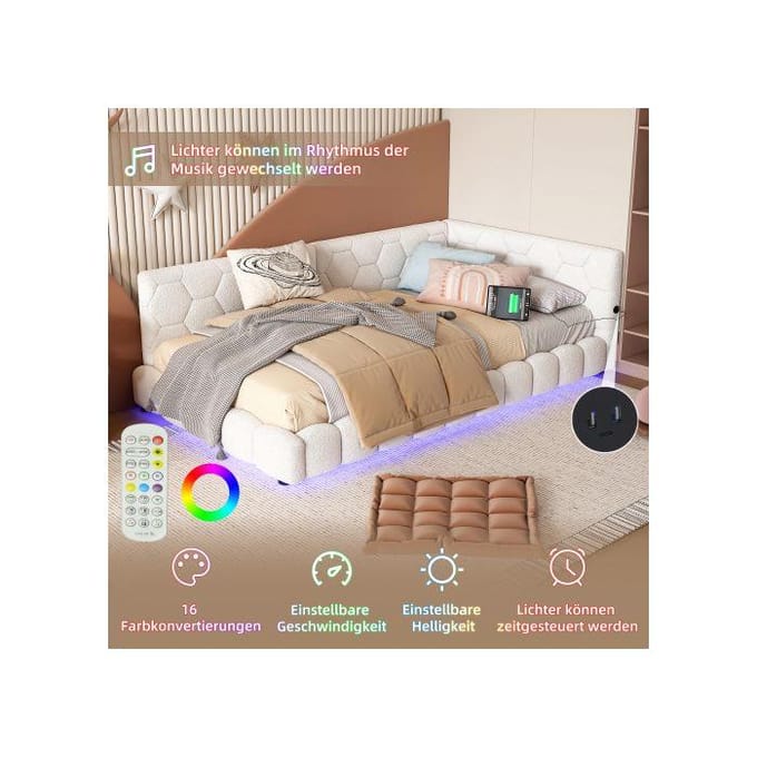 Daybed - MUVOE - 90x200 cm - 16 couleurs LED - Chargeur USB - Montage facile