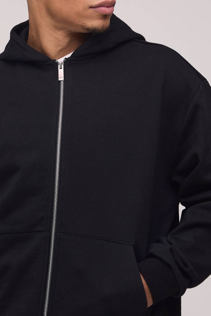 500GSM Heavyweight Oversized Boxy Zip Through Hoodie | Black | Size Medium