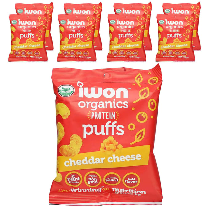 IWON Organics, Organics Protein Puff, Cheddar Cheese, 8 zakjes, 42g (1.5oz) elk