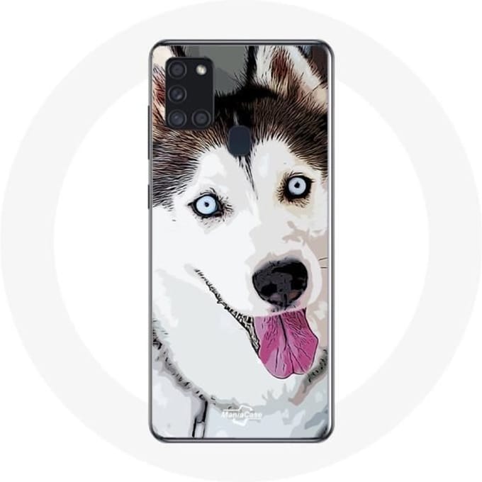 Samsung Galaxy A21S Hoesje Witte Siberische Husky Blauwe Ogen wit