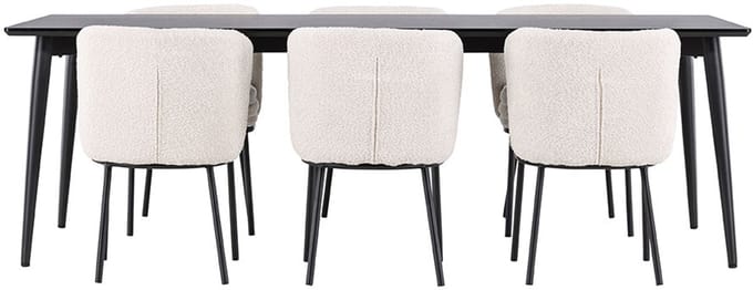 Ellis eethoek tafel 85x230cm en 6 bouclé stoelen zwart.