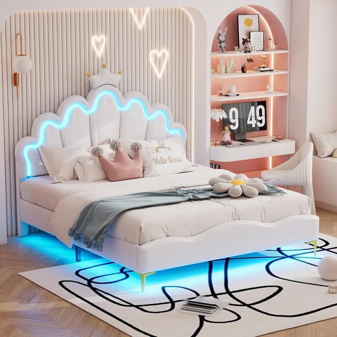 Gestoffeerd Kinderbed met LED Hoofdbord en Kroonvorm - Wit - 140x200 cm