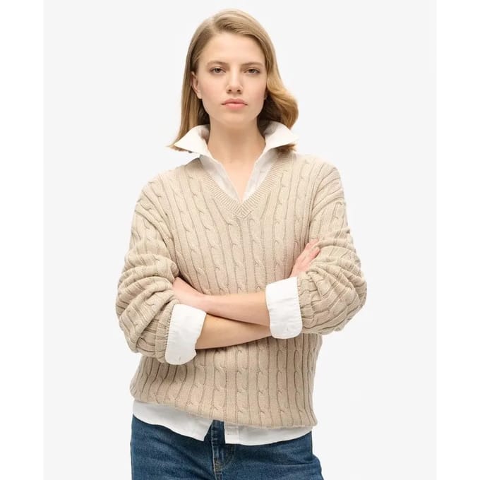 Superdry - Oversized kabeltrui met V-hals - Dames - Sweaters