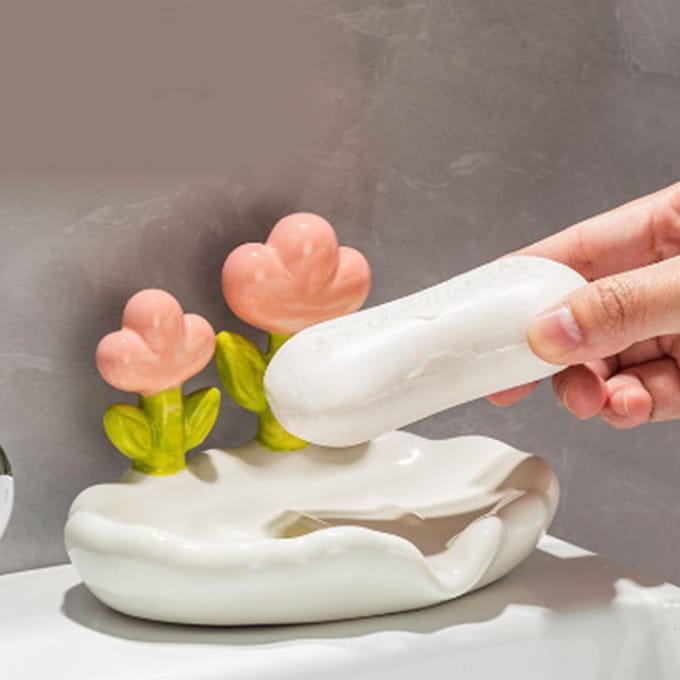 Creatieve schattige bloemen PP zeepdoos huishoudelijke zeepafvoer washouder voor badkamer thuis beige
