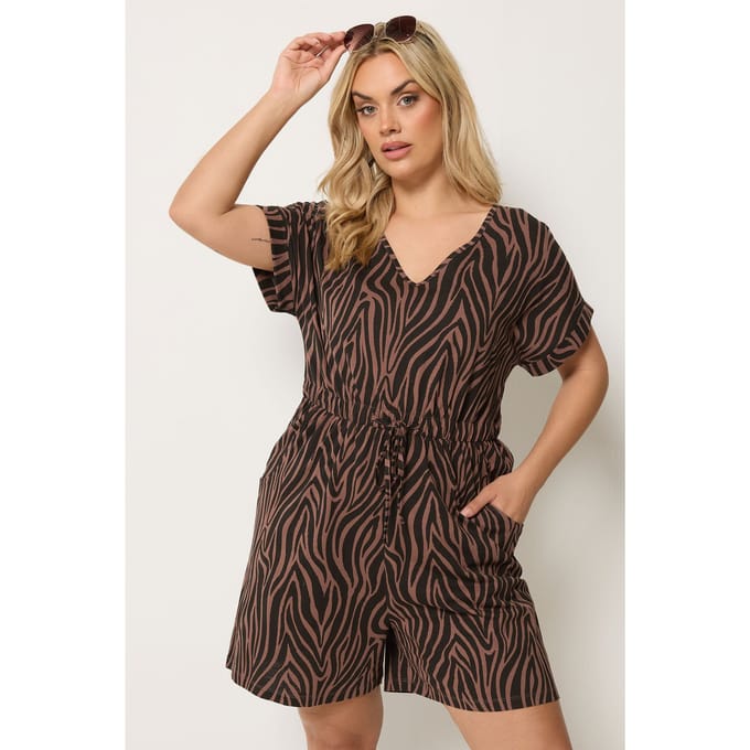 Yours Chocoladebruine Katoenen Jumpsuit Met Zebraprint Size 54-56