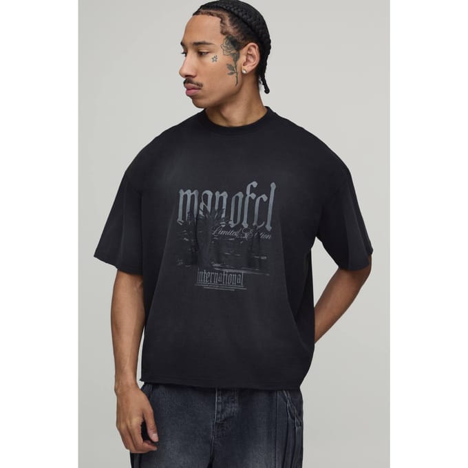 Oversized Boxy T-shirt Met Ruwe Zoom Gewassen Palmbomenprint | Black | Size Medium