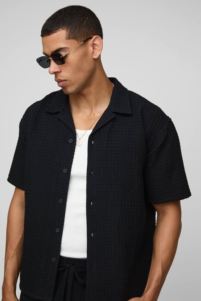 Oversized Jumbo Waffle Revere Shirt and Shorts Set | Black | Size Medium