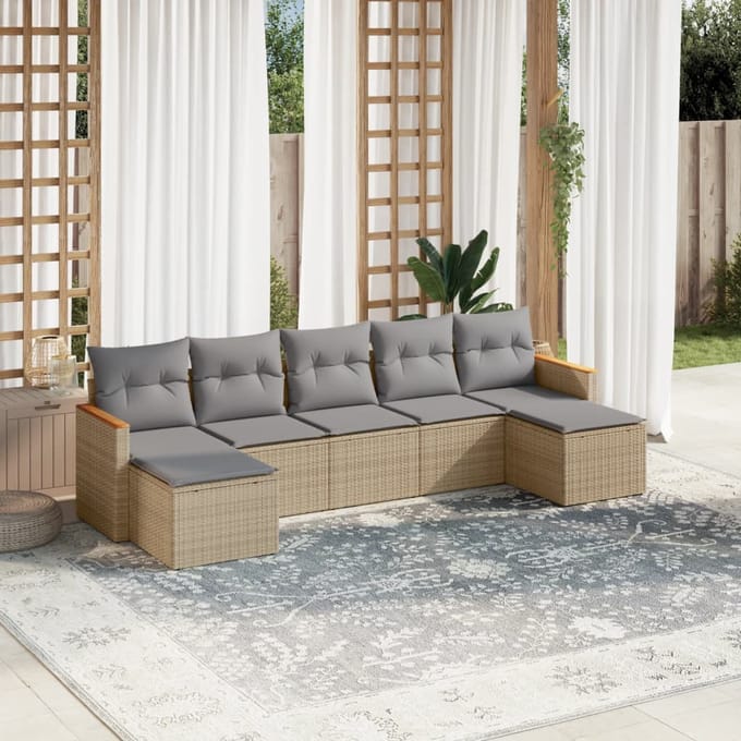 vidaXL - 7-delige - Loungeset - met - kussens - poly - rattan - gemengd - beige