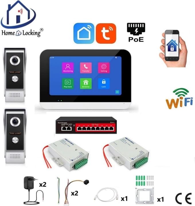 Smart WIFI deur intercom/videofoon 2 videodeurbellen en 1 touchscreen + 2 x elektrisch deurslotvoedingen. T-2301V-2-1
