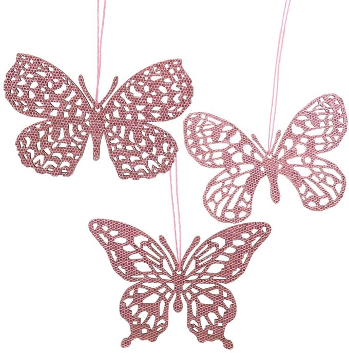 Decoratiehanger vlinder roze glitter 8cm 12st, 12 Stück