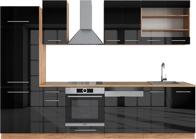 Vicco Fame-Line Complete keukeneenheid – 300 cm, WB Eik Antraciet hoogglans/goud eiken