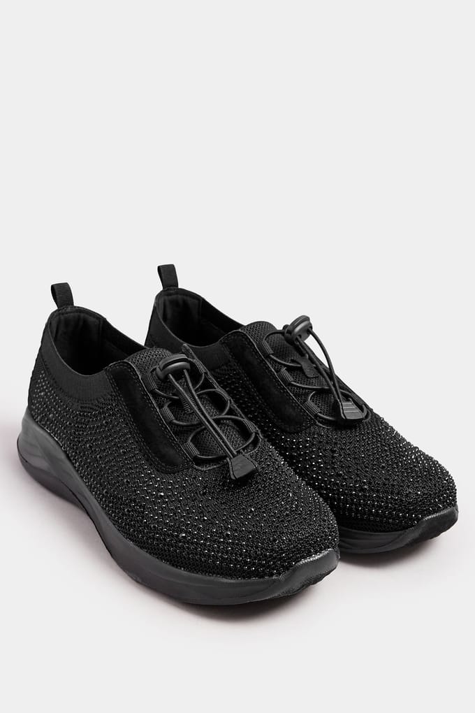 Yours Zwarte, Met Diamantjes Versierde Trekkoordsneakers In Extra Brede Eeepasvormsize 37EEE