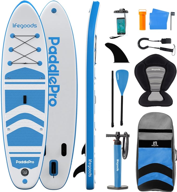 LifeGoods PaddlePro SUP Board - met Zitje - Opblaasbaar Paddle Board - Complete Set - Max. 150KG - 320x81cm - Wit/Sky Blue