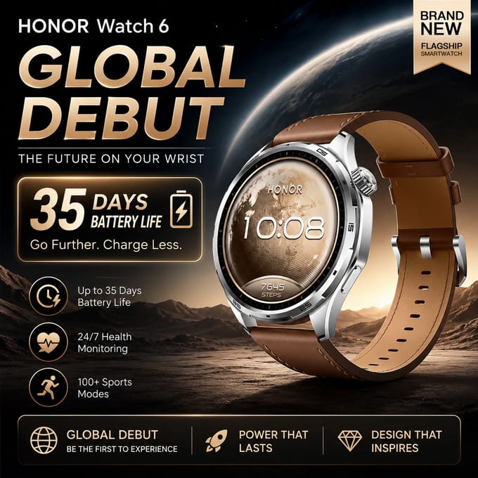 HONOR Watch 6, 35 dagen ultralange batterijduur, badminton professionele modus, voetbal professionele modus, 120+ sportmodi, 5ATM en IP69 Schaduwzwart