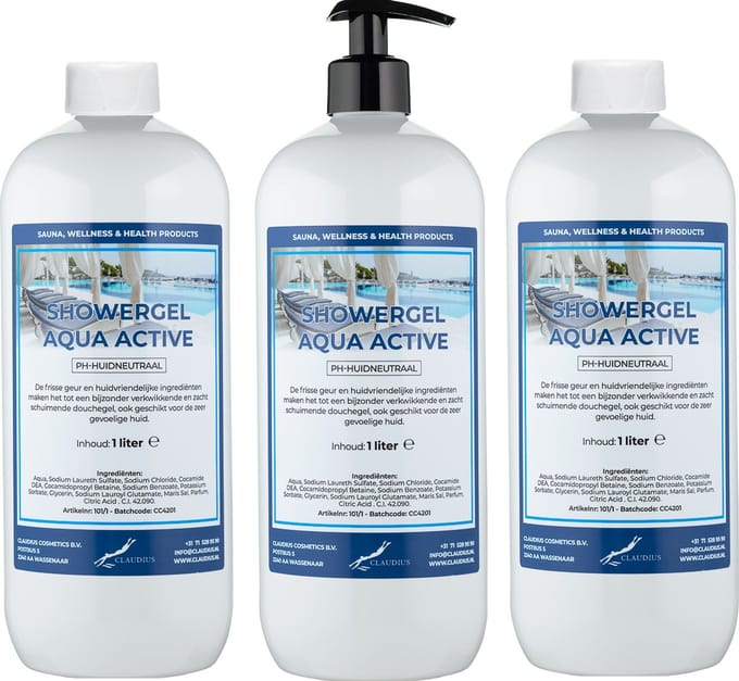 Douchegel Aqua Active 1 liter - set van 3 stuks - met gratis pomp - Showergel