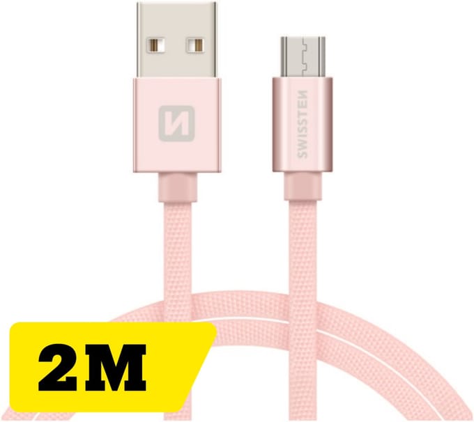 Swissten Lange Micro‑USB Oplaadkabel 2 meter – voor Samsung, Android, Powerbank & PS4 Controller – USB‑A Kabel – Roze
