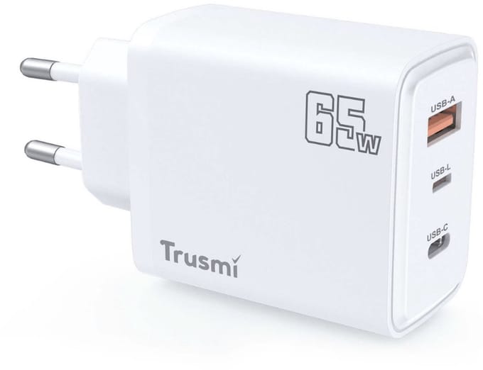 TRUSMI 65W GaN Snellader USB-C Adapter - USB-A + USB-C + Lightning - Power Delivery - Geschikt voor iPhone, Samsung & MacBook - Wit