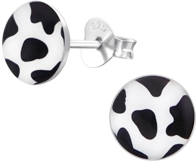 Joy|S - Zilveren rond oorbellen - koe print - 7 mm - zwart wit - sterling zilver 925 - kinderoorbellen