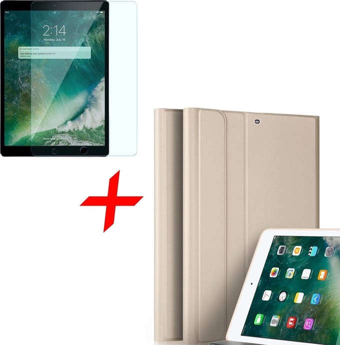 Hoes + Screenprotector geschikt voor iPad 2017 / 2018 9.7 inch - Book Case Mat Goud + Screenprotector