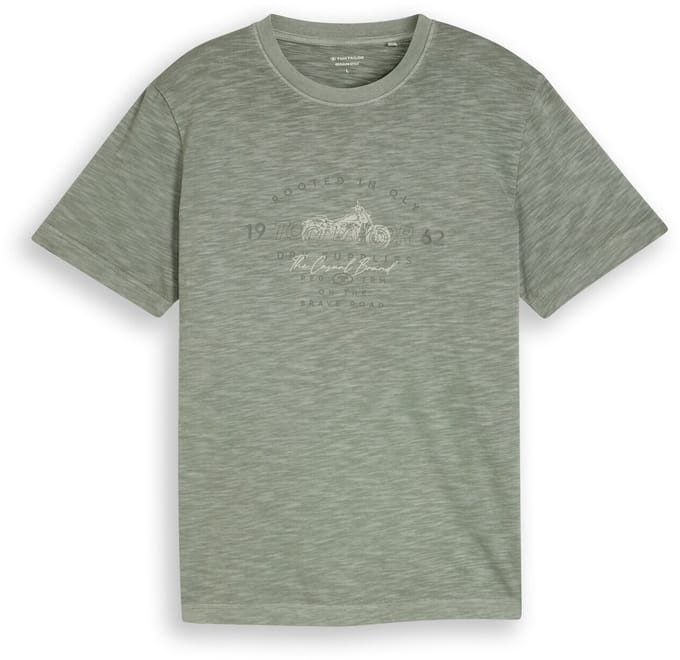 Tom Tailor - T-shirt in gemêleerde look met print - Maat S - Greyish Shadow Olive