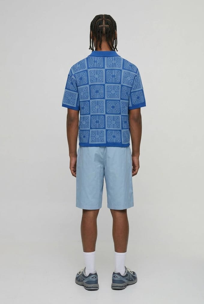 Oversized Boxy Crochet Tapestry Knitted Polo T-Shirt | Blue | Size XL