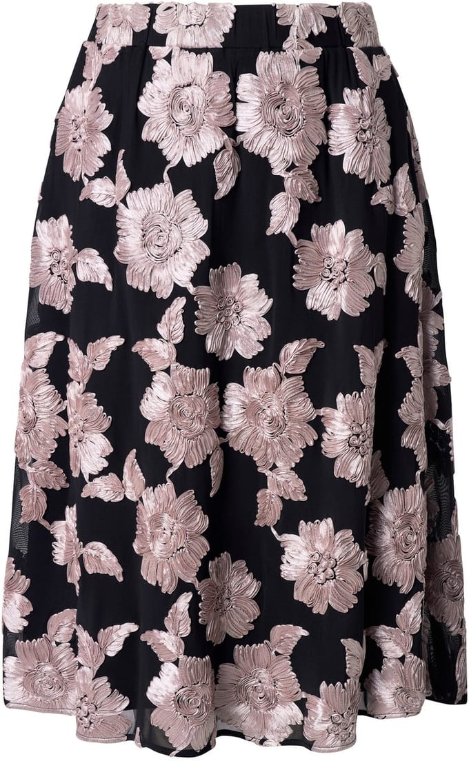 Ulla Popken - Dames - Midi-rok bloemapplicaties A-lijn elastische tailleband - Zwart - Maat 46+