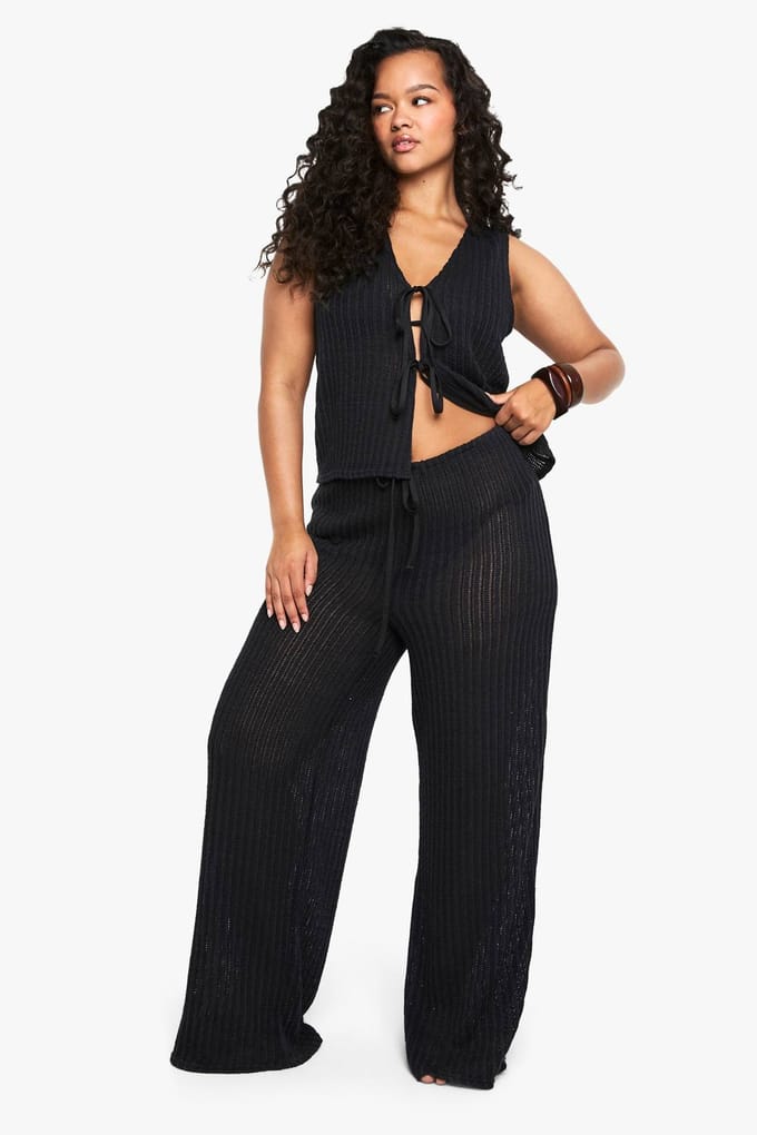 boohoo Dames Plus Beach strandbroek met wijde pijpen | Black | Maat: 28