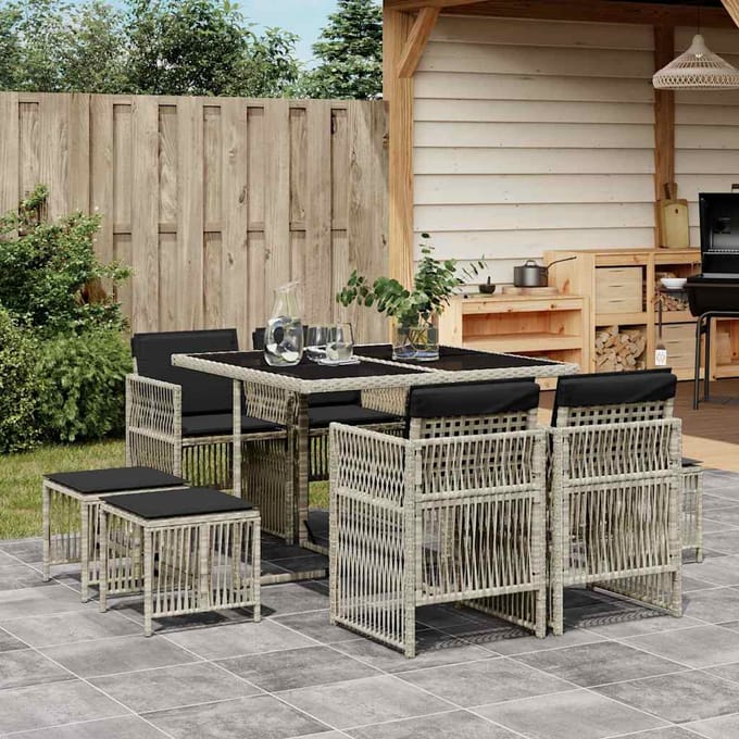 vidaXL - 9-delige - Tuinset - met - kussens - poly - rattan - lichtgrijs