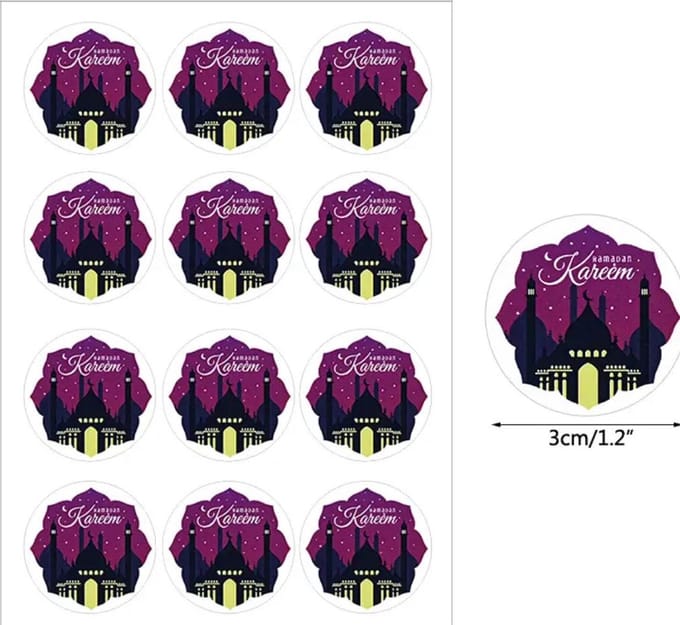 Akyol - Ramadan Stickers - Vel van 24 stuks - Eid Mubarak - wit en paars - diameter 4 cm - ramadan sticker - ramadan - eid mubarek