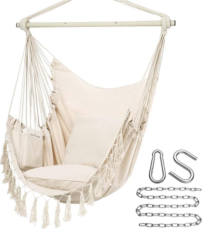 Grote Hangstoel met Touw en Kussens, Beige, Max. 150 kg