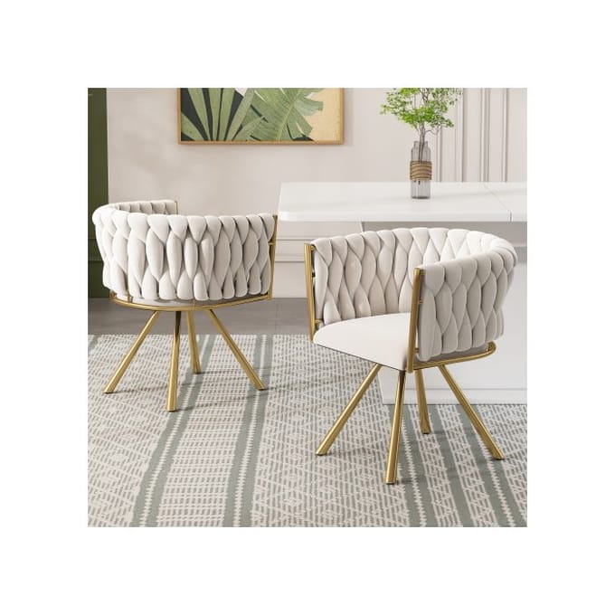 Eetkamerstoel - MUVOE - Fluweel - 360° Draaibaar - Beige en goud - Set van 2 beige